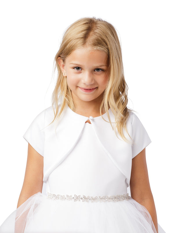 Little Girls White Short Sleeved One Button Closure Satin Bolero Jacket 2-6 - SophiasStyle.com